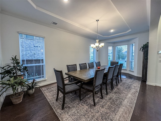 dining area with crown molding, dark hardwood / wood-style floors, a healthy amount of sunlight, and a raised ceiling