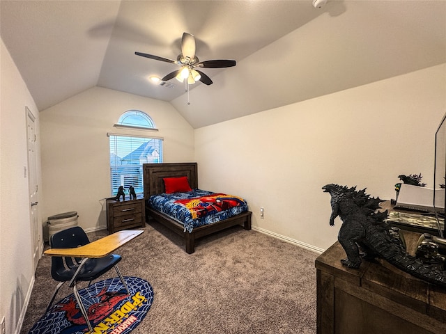 carpeted bedroom featuring vaulted ceiling and ceiling fan