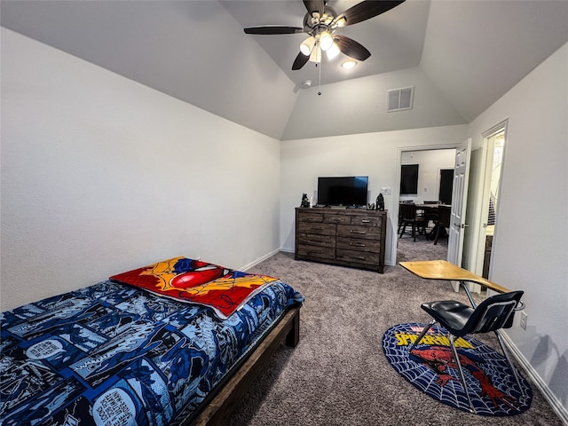 bedroom featuring lofted ceiling, carpet, and ceiling fan