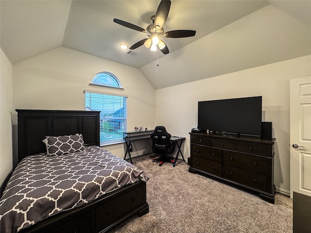 carpeted bedroom with lofted ceiling and ceiling fan