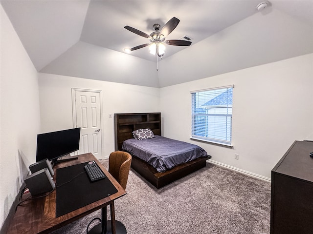 bedroom with carpet floors, vaulted ceiling, and ceiling fan