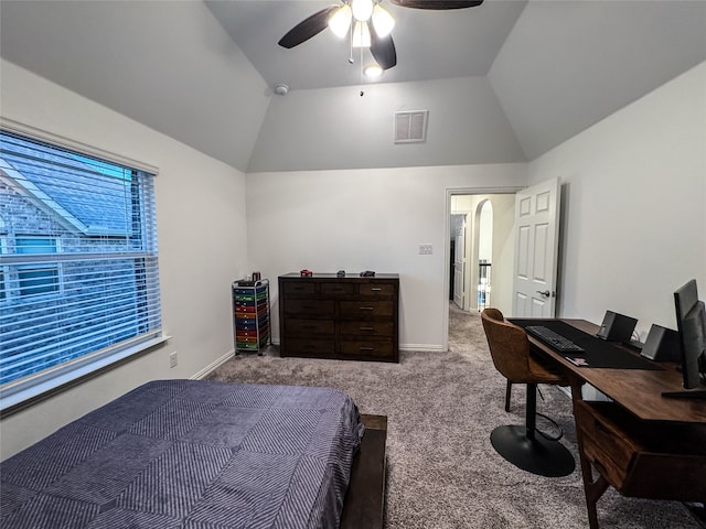 carpeted bedroom with lofted ceiling and ceiling fan