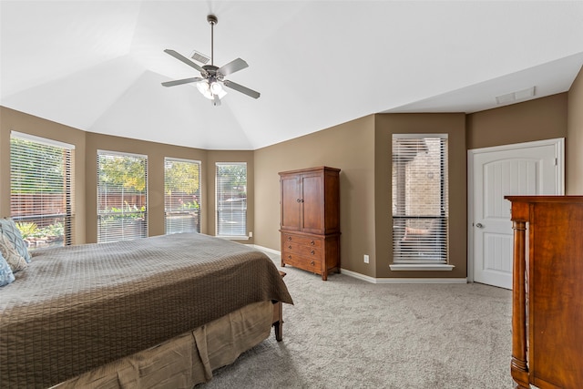 carpeted bedroom with high vaulted ceiling and ceiling fan