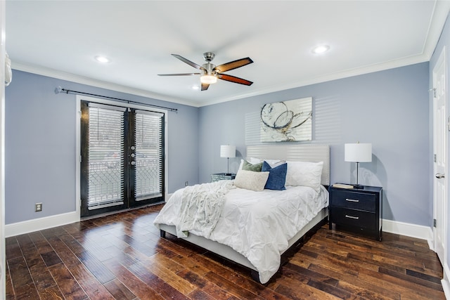 bedroom featuring ceiling fan, ornamental molding, and dark wood-type flooring