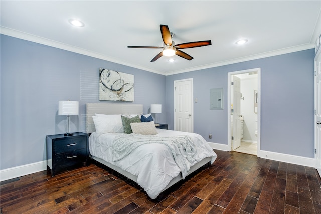 bedroom featuring electric panel, ensuite bathroom, ceiling fan, ornamental molding, and dark hardwood / wood-style flooring