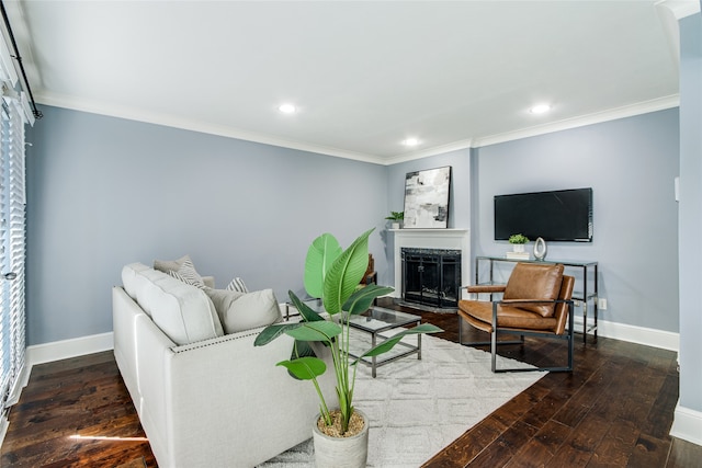 living room featuring dark hardwood / wood-style floors and ornamental molding