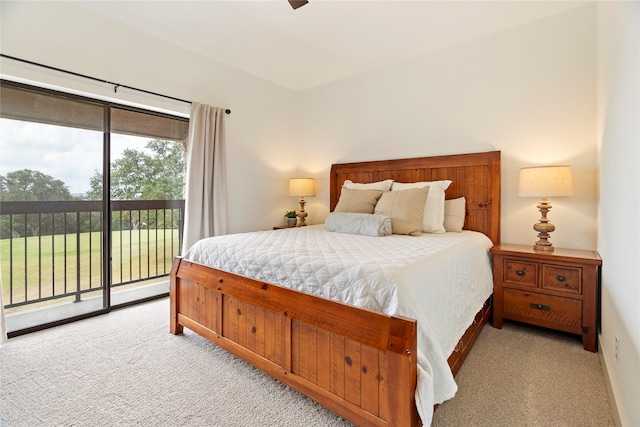 bedroom with light carpet, access to outside, and ceiling fan