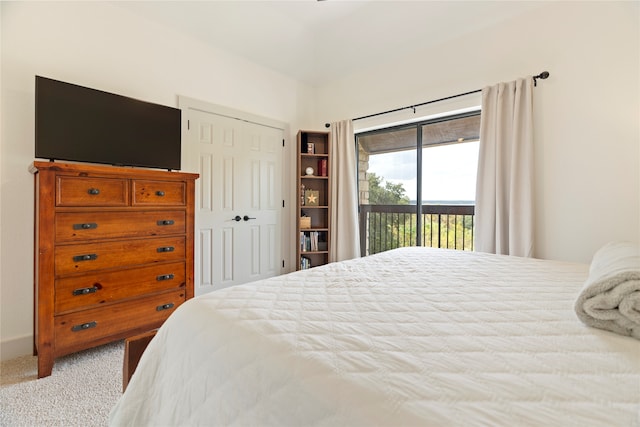 bedroom featuring light carpet, access to outside, and a closet