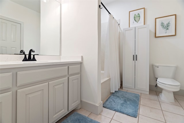 full bathroom with toilet, shower / bathtub combination with curtain, vanity, and tile patterned floors