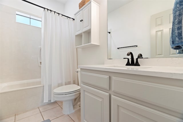 full bathroom featuring shower / bath combination with curtain, tile patterned flooring, vanity, and toilet