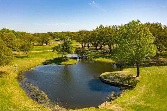 view of property's community with a yard and a water view