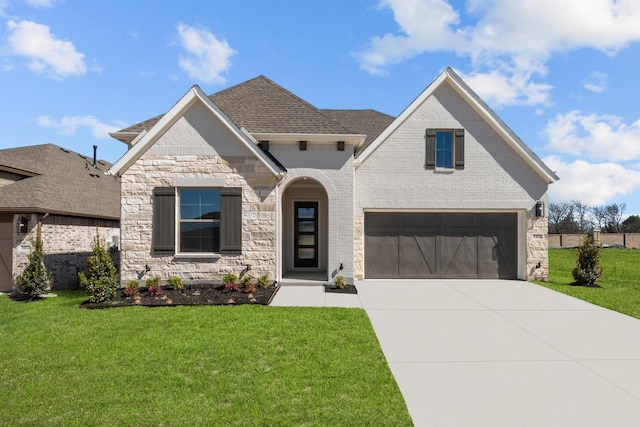 view of front facade with concrete driveway, a front lawn, roof with shingles, and an attached garage