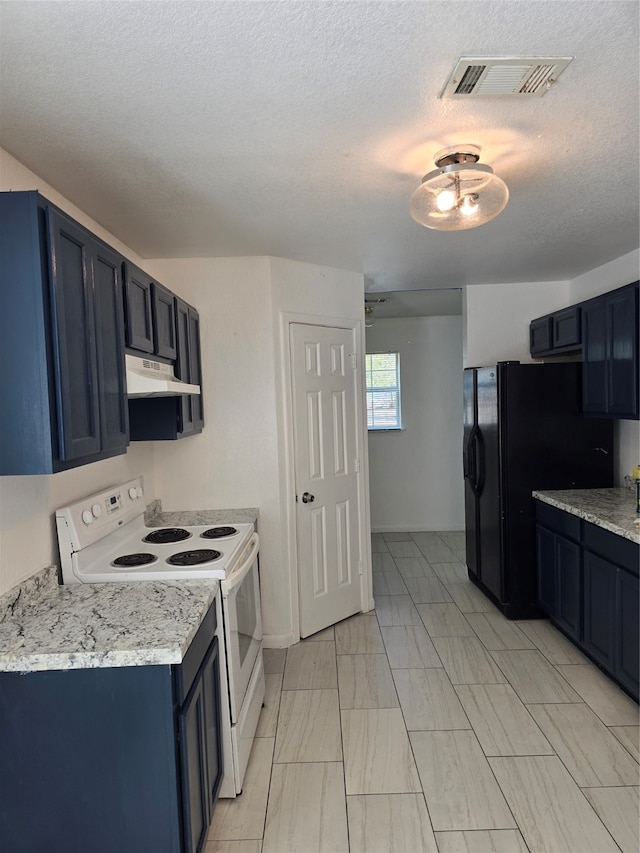 kitchen with black refrigerator with ice dispenser, white range with electric stovetop, a textured ceiling, and blue cabinets