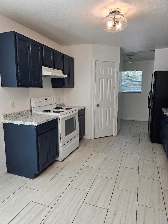 kitchen with light stone counters, white electric stove, a textured ceiling, and black refrigerator