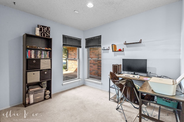 carpeted office featuring a textured ceiling