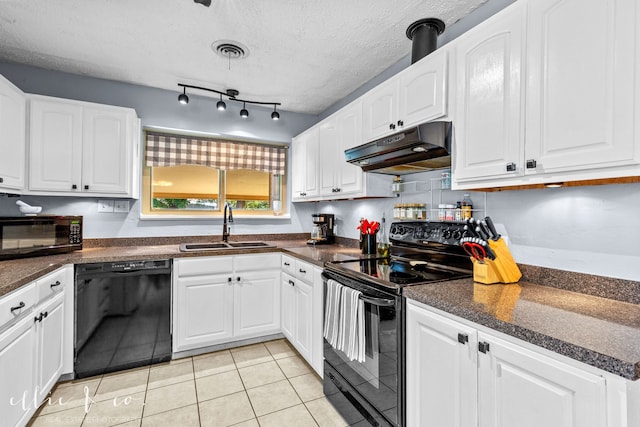 kitchen featuring white cabinets, a textured ceiling, light tile patterned flooring, black appliances, and sink