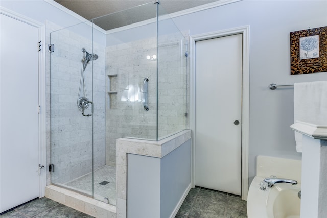 full bathroom featuring a textured ceiling, vaulted ceiling, toilet, vanity, and plus walk in shower