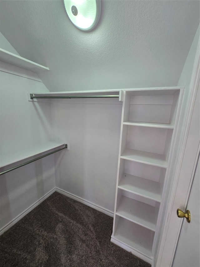 walk in closet featuring dark carpet