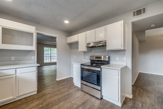 kitchen featuring white cabinetry, electric range, and dark hardwood / wood-style flooring