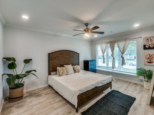 bedroom with light hardwood / wood-style floors, ceiling fan, ornamental molding, and pool table