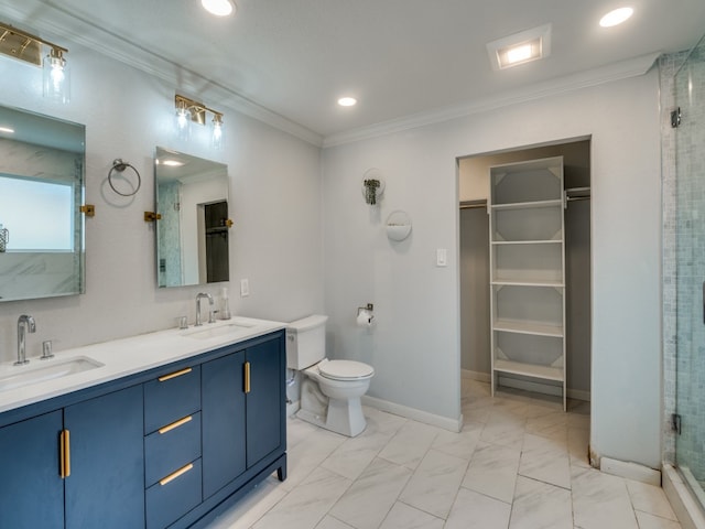 bathroom featuring vanity, toilet, an enclosed shower, and crown molding