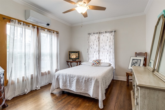 bedroom with a wall mounted air conditioner, ornamental molding, ceiling fan, and dark wood-type flooring