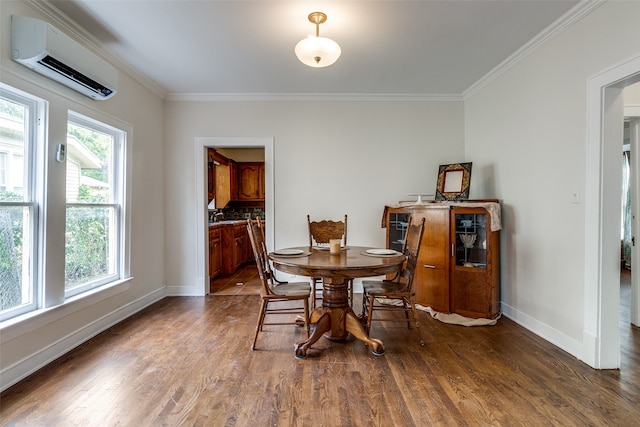 dining area with dark hardwood / wood-style flooring, ornamental molding, and a wall unit AC