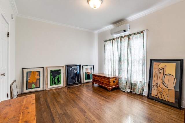 726 S Clinton Ave, Dallas, TX 75208 - living area with a wall mounted AC, ornamental molding, and wood finished floors