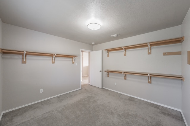 walk in closet featuring light colored carpet