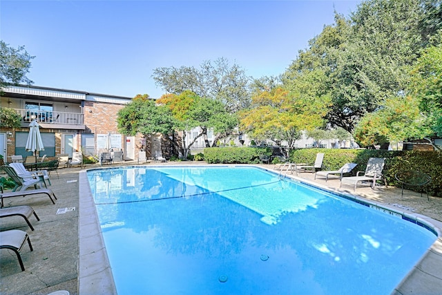 view of swimming pool with a patio area