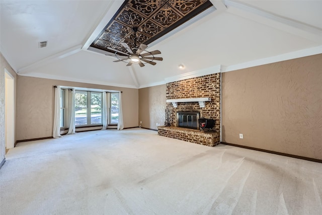 unfurnished living room with light carpet, a brick fireplace, ceiling fan, and lofted ceiling