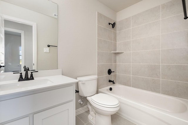full bath featuring tile patterned flooring, vanity, shower / bathtub combination, toilet, and baseboards