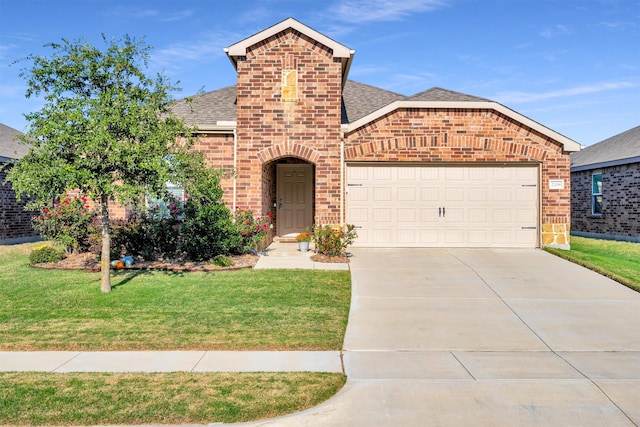 view of front of house with a front lawn and a garage