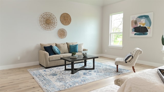 living room with a wealth of natural light and light hardwood / wood-style flooring