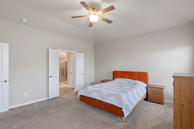 bedroom with light colored carpet and ceiling fan