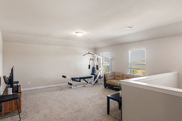 exercise area featuring light carpet and a textured ceiling