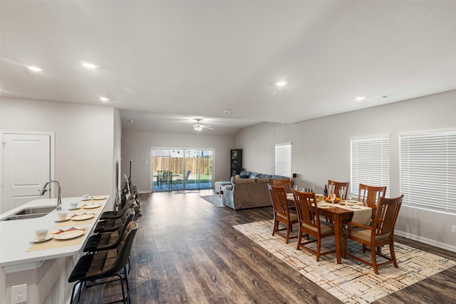 dining area featuring ceiling fan, sink, and dark hardwood / wood-style floors