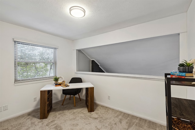 office space featuring light colored carpet, a textured ceiling, and vaulted ceiling