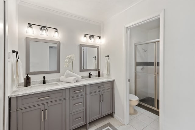 bathroom with walk in shower, vanity, ornamental molding, and toilet