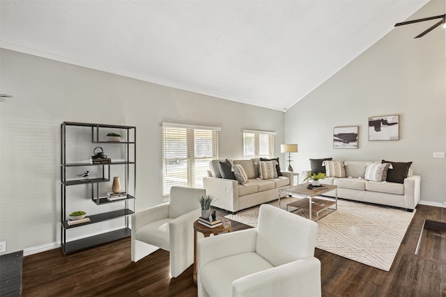 living room featuring ceiling fan, dark hardwood / wood-style flooring, and high vaulted ceiling