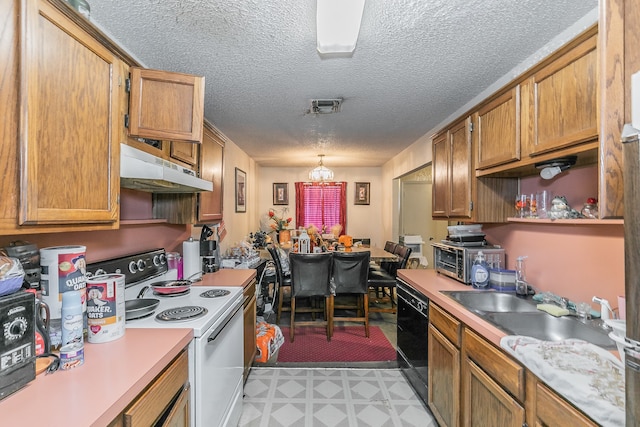 kitchen with black dishwasher, a textured ceiling, a chandelier, pendant lighting, and white electric range