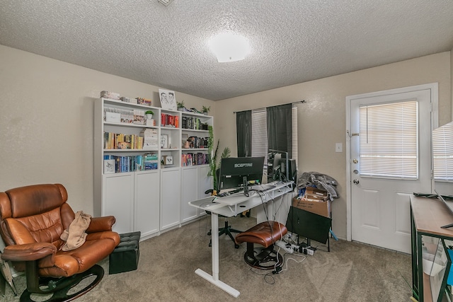 office area with a textured ceiling and light carpet