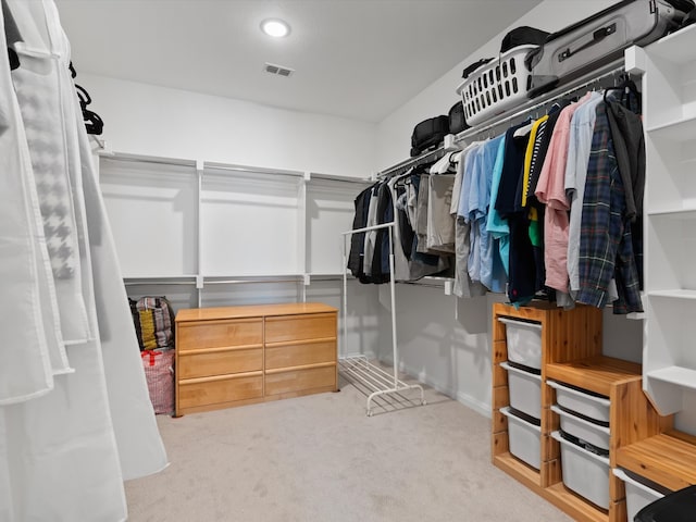 walk in closet with light carpet