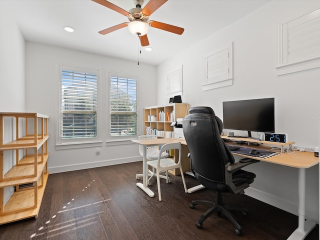 office featuring dark wood-type flooring and ceiling fan