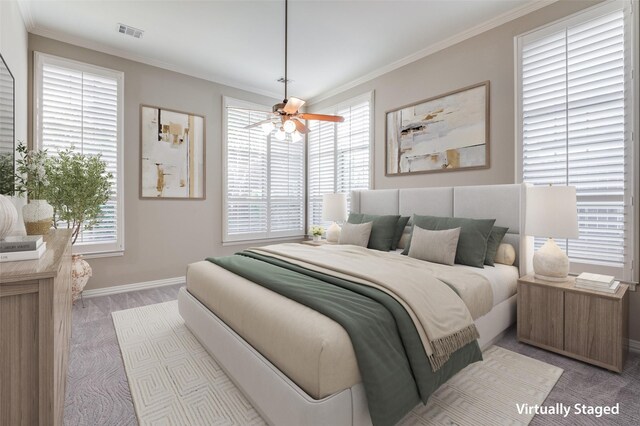 unfurnished bedroom featuring ornamental molding, light colored carpet, connected bathroom, and ceiling fan