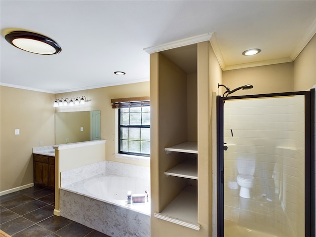 bathroom with vanity, tile patterned floors, ornamental molding, and plus walk in shower