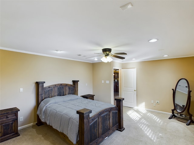 bedroom featuring light carpet, ceiling fan, and crown molding