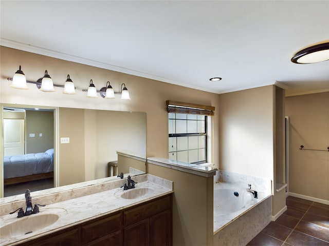 bathroom with vanity, tile patterned floors, ornamental molding, and a tub