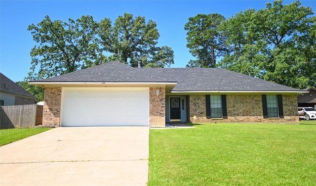 ranch-style home with a garage and a front lawn