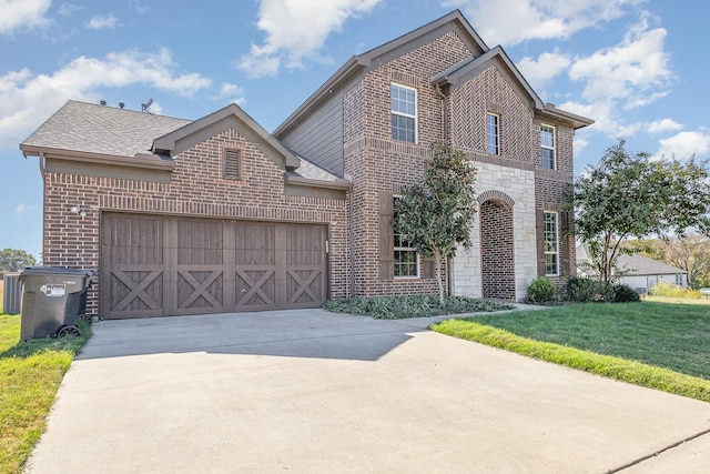 view of front of home featuring a garage, central air condition unit, and a front lawn